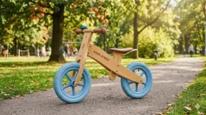 A lightweight wooden balance bike for 3-year-olds to help develop coordination and motor skills.