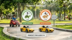 A photorealistic 4K infographic comparing low and high speed settings for toddler electric ride-on toys, set against a sun-dappled park pathway background with a distinct tortoise and hare icon.
