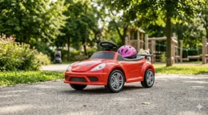 A battery-powered electric ride on car for kids aged 3 to 5 featuring working headlights and a steering wheel.