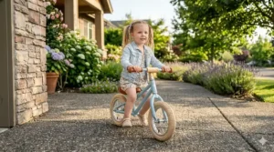 A 3 year old girl practicing coordination on a lightweight turquoise balance bike at the park.