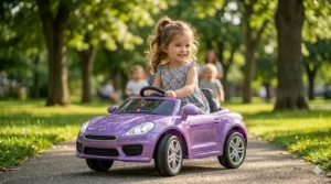 A glittery purple electric ride on toy car with a steering wheel designed for a 2 year old girl.