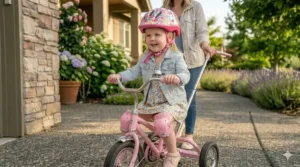 Essential safety gear including a floral toddler helmet and matching knee pads for ride-on toys.