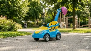 A plastic push car with a tall parent handle and safety belt, suitable for the younger end of the 3-5 year old age range.