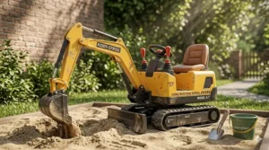 A sit-on toy construction excavator with a functional digging arm for sandbox play.