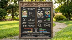 An infographic comparing the power and performance of 12V vs 24V ride-on toys for older children.