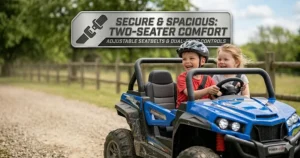 Two 6-year-old friends sitting side-by-side in a spacious 24v ride-on Jeep with seatbelts fastened.