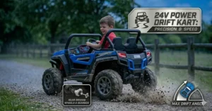 An illustration of a 24v electric drift kart performing a controlled turn, ideal for kids seeking high-speed excitement.