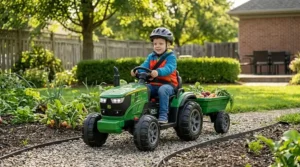 A 5-year-old boy operating a 24V electric tractor with a working trailer in the garden.