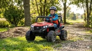 A rugged 24V off-road buggy for 5-year-olds driving over grass and light gravel surfaces.