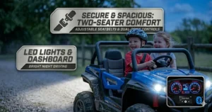 A sleek 24v ride-on sports car with glowing LED headlights and realistic dashboard lights for evening play.