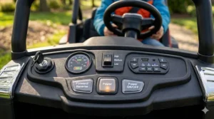 The realistic dashboard of a 24V ride-on toy featuring a speed switch, music player, and LED lights.