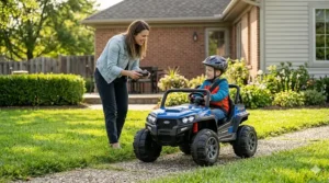 A parent holding a 2.4G remote control while a 5-year-old drives a 24V electric car.