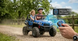 A close-up of a parental remote control next to a 24v ride-on vehicle, ensuring safety for 6-year-old drivers.