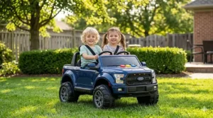 Two 5-year-old friends sitting in a spacious 2-seater 24V ride-on truck with safety belts.