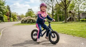An 14-inch balance bike without pedals helping a 6 year old transition to a traditional bicycle.