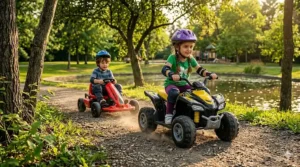 A blue battery-powered ATV, a popular rugged ride on toy for 5 year olds.