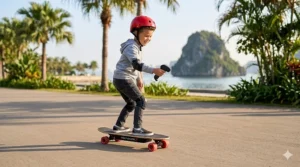 A 7-year-old using a remote-controlled electric skateboard on a smooth flat surface.