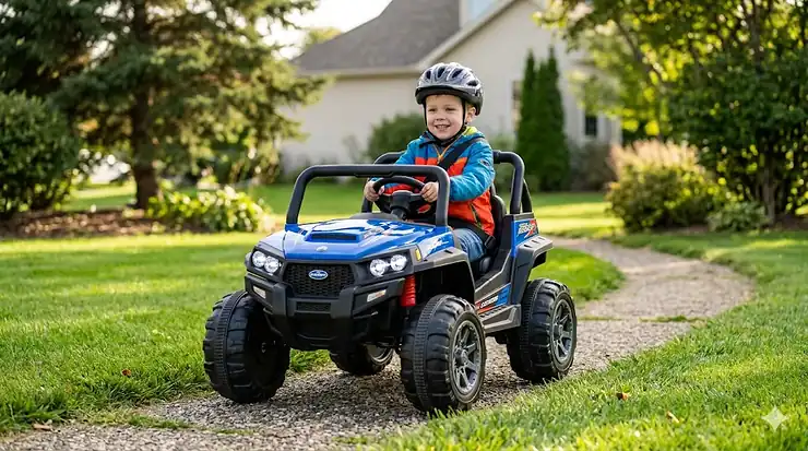 A photorealistic 4K image of a 5-year-old child happily driving a blue, rugged 24v electric ride-on UTV with large tires through a suburban backyard. ride on toys for 5 year olds 24v