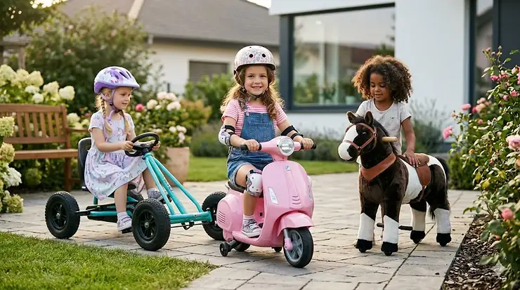 A happy 5 year old girl riding a pink electric scooter in a park, representing the best ride on toys for girls. ride on toys for 5 year old girl