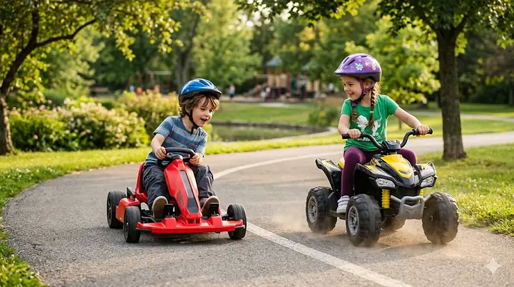 A young boy and girl racing colorful electric ride on toys for 5 year olds on a paved park path.