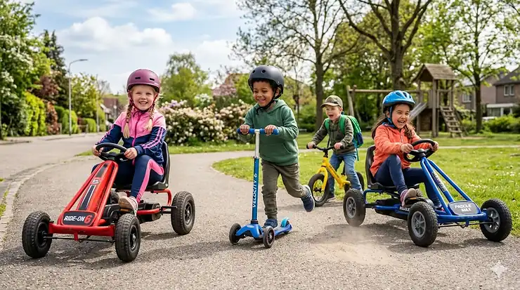 A group of 6 year old children racing various colorful electric ride on toys in a suburban driveway. ride on toys for 6 year old