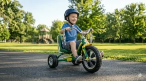 A classic big-wheel tricycle designed for a 5-year-old boy featuring a low center of gravity.