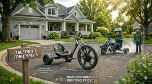 High-action illustration of a specialized drift trike showing the 360-degree spinning rear wheels.