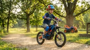 A scaled-down electric motocross bike for older children with knobby tires and a sturdy kickstand.