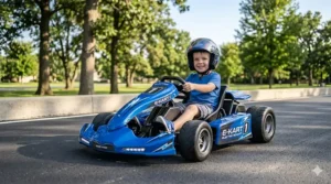 A fast electric go-kart for 5-year-old boys with adjustable seats and safety flags.