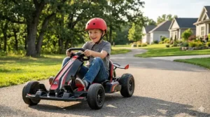A red electric go-kart for 8-year-olds with a low-profile frame and racing tires on a driveway.
