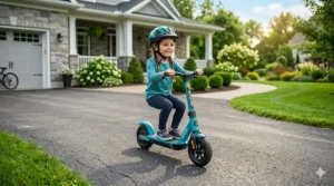 Illustration of a blue motorized electric scooter designed for primary school aged children.