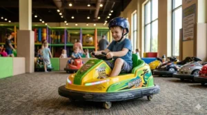 A colorful indoor electric bumper car with a 360-degree spin feature for young kids.