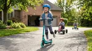 A young girl wearing a helmet riding a teal two-wheel kick scooter on a sidewalk.
