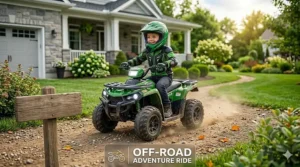 6 year old boy navigating a green battery-powered 4-wheeler quad on a dirt path.