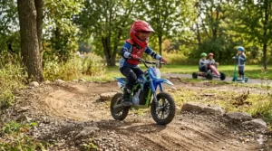 A child practicing off-road riding on a blue electric dirt bike for older kids.