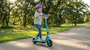 A high-speed teal electric scooter suitable for older kids featuring a hand-operated brake.