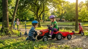 Green pedal-powered tractor with a detachable trailer, a classic ride on toy for 5 year olds.