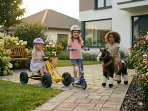 A group of children playing outdoors with various ride on toys for 5 year olds, including cars and scooters.