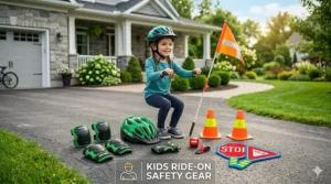 A flat lay illustration showing a protective helmet, knee pads, and elbow pads for young riders.