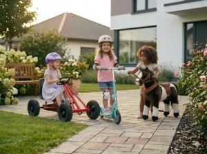 Illustration of a lightweight balance bike helping a 5 year old girl develop coordination and motor skills.