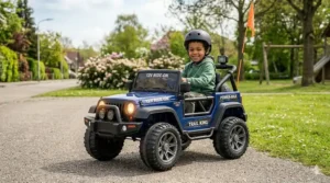A 12V motorized ride on toy jeep designed for 6 year olds featuring realistic headlights and off-road tires.