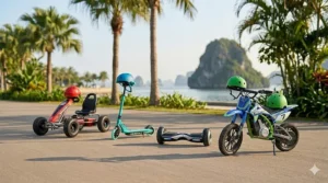 Various ride-on toys for 7-year-olds parked in a backyard to encourage outdoor active play.