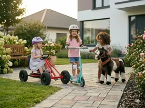 A sturdy pink and teal pedal go-kart, an active outdoor ride on toy for young girls.