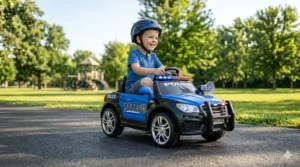 An 12V battery-powered police patrol car toy for 5-year-olds with working sirens and megaphone.