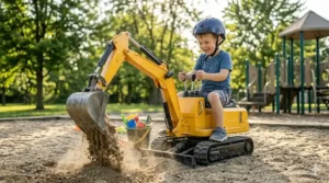 A ride-on sand digger excavator toy with a functional scoop for a 5-year-old boy.