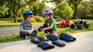 Illustrated safety helmet and pads essential for children using outdoor ride on toys.
