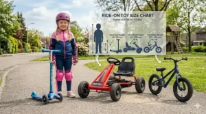 A comparison chart showing the ideal dimensions of ride on toys for a typical 48-inch tall 6 year old.