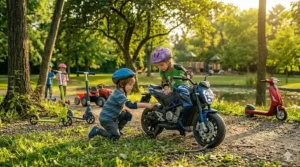 A size guide illustration showing the proper leg extension for a 5-year-old on a ride on toy.