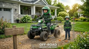 Infographic illustration comparing the height of a 6 year old boy to a standard electric ride-on vehicle.