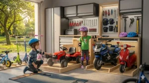 Illustration of an organized garage space showing how to store large ride on toys for 5 year olds.